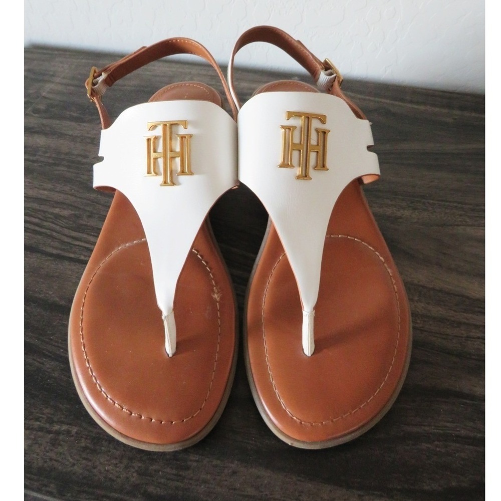 Tommy Hilfiger White and Brown Leather T-Strap Sandals with Gold Logo